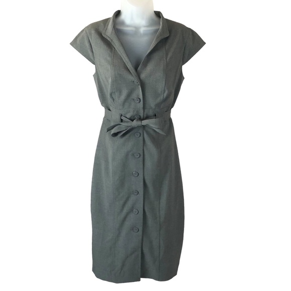 DRESS - Women's Calvin Klein Light Gray Button Front Cap Sleeve Belted Dress. 8 - Picture 2 of 15